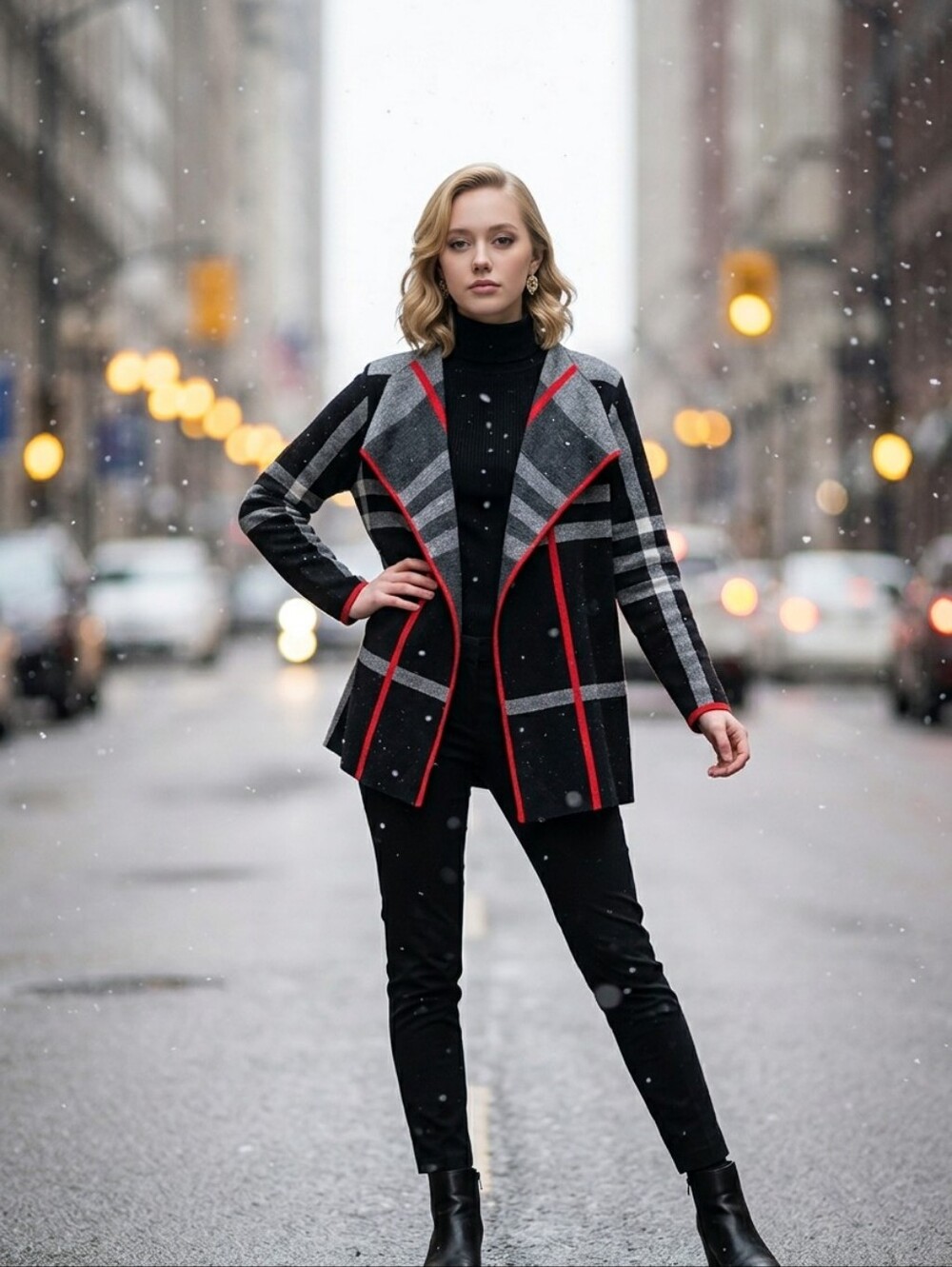 Open Front Plaid Cardigan Jacket - Black/Grey with Red Trim